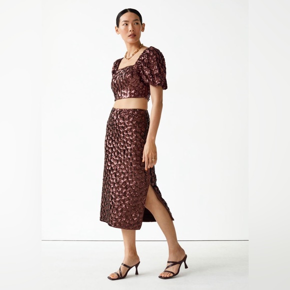 & Other Stories Shimmering Brown Sequin Beaded Midi Pencil Skirt - Picture 1 of 9